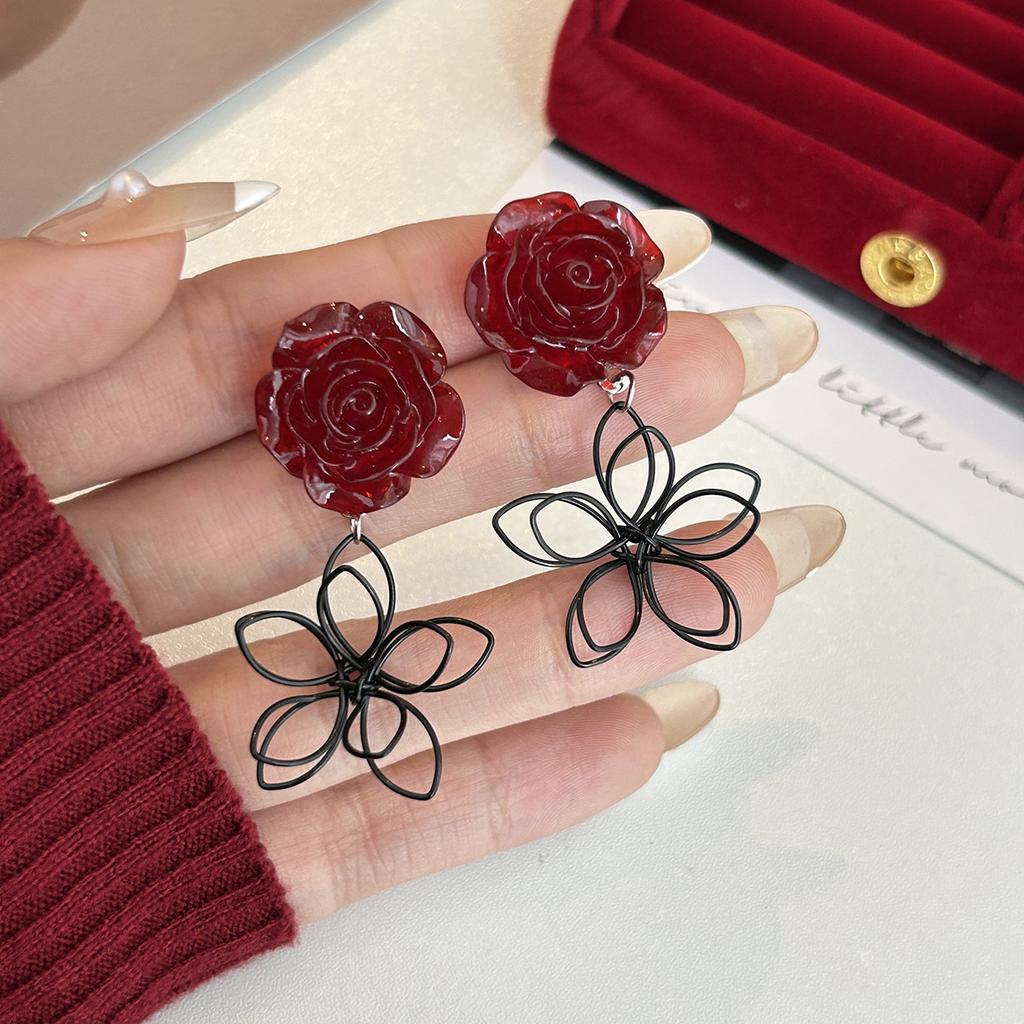 Antique Ankara Red Rose National Style Light Luxury Elegant Temperament Female Personalized Earrings