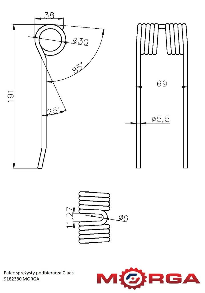 Pick-up Spring Tine FI-5.6mm -190mm Claas 0009182380 Powder Coated MORGA