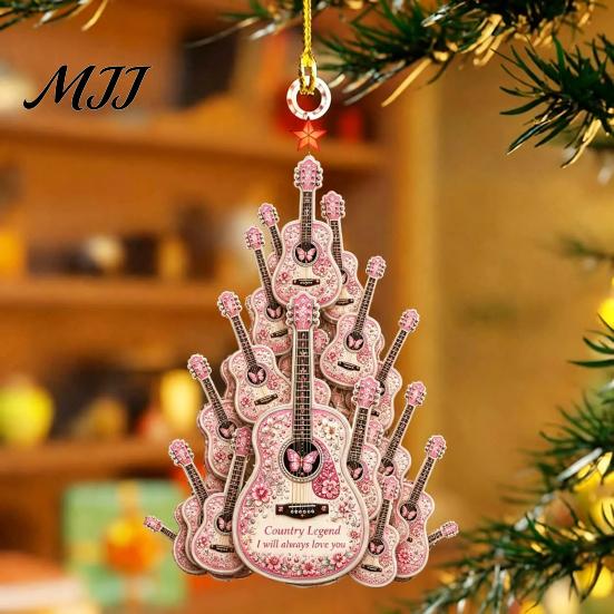 Artistic Guitar Hanging Decor Acrylic Christmas Ornament, Patchwork Jacket Butterfly Flat Pendant Tree Ornaments with Gold String for Wall Car, Music