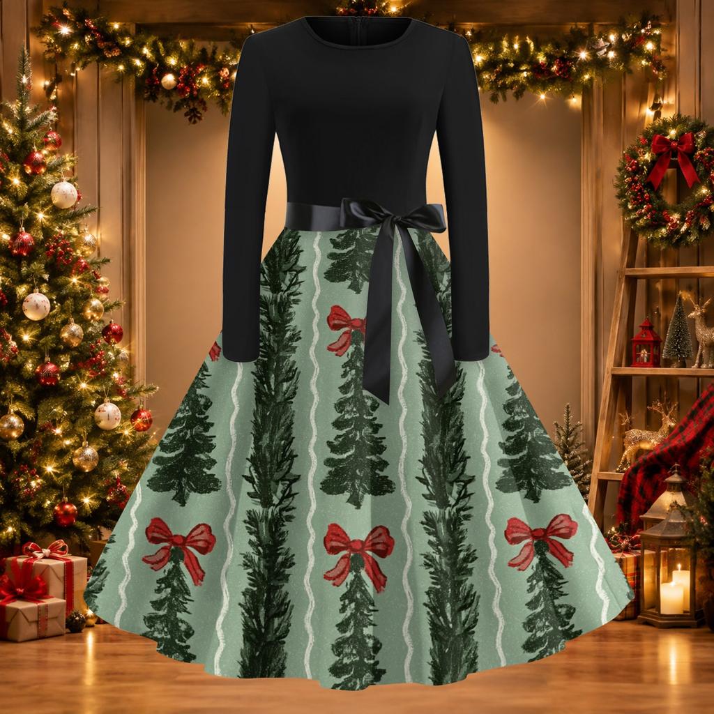 Damen Vintage Christmas Print Rundhals Freizeitkleid