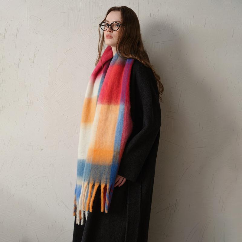 Fashion Classic Imitation Cashmere Plaid Shawl Women Korea Style Soft Thick Warm Female Scarf Fall Winter Rainbow Mohair Muffler