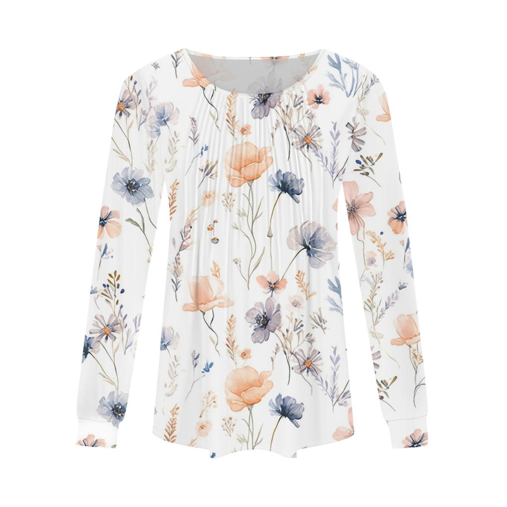 Women's Fashion Casual Pleated Round Neck Vintage Floral Print Long Sleeve T,Shirt Top