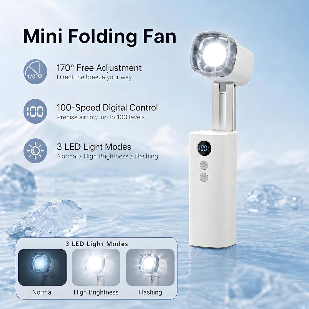 Handheld Folding Fan with LED Light 100 Speed Portable Rechargeable Mini Fan 3000mAh Type C Cooling Lamp Fan for Travel Outdoor