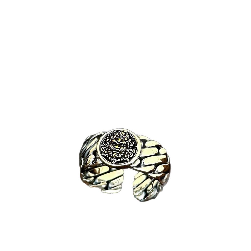 S925 Sterling Silver Yellow Wealth God Woven Open Ring – Unisex Versatile Wide Band