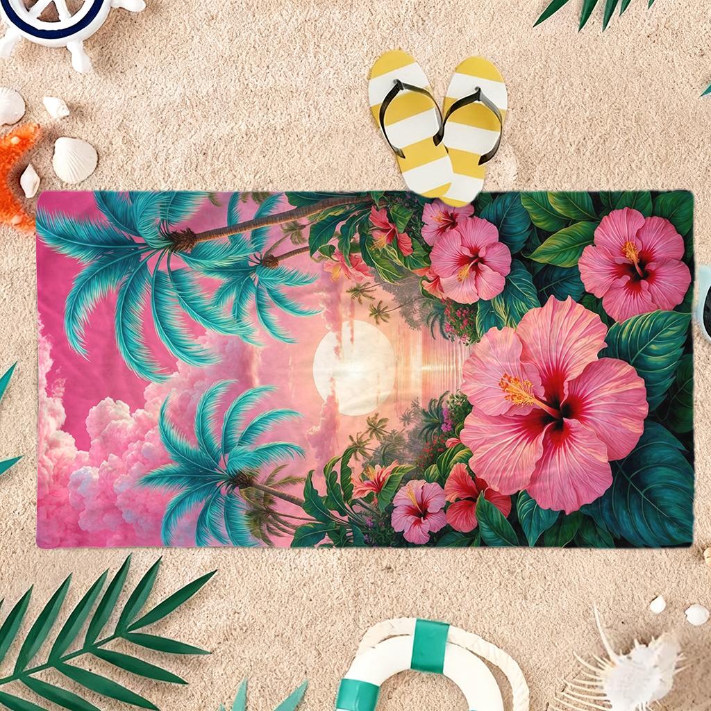 1 Stück Rosa Himmel Strand und Blumen Strandtuch Schnelltrocknend Super Saugfähig Geeignet für Strandurlaub Pool Sommergeschenk für Freunde