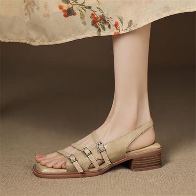 Fashion New Summer Sandals Split Leather Women Shoes Square Toe Sandals for Women Fashion Belt Buckle Chunky Heel Sandal Gladiator Shoes