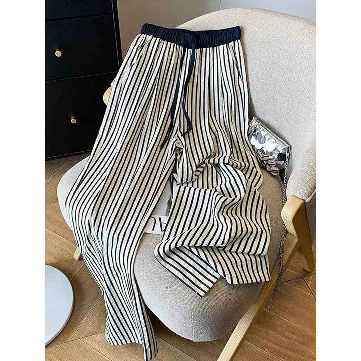 Cross-border summer new texture striped wide-leg pants source factory spot high waist drape thin casual pants XL серый