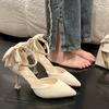 High heels women's spring new bow thin heel cut men's one-word buckle single shoes fairy style French pointed head