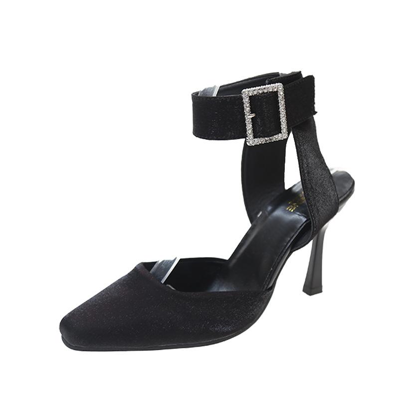 High heels women's summer 2025 new black sexy thin heel bag head shallow mouth square head versatile belt buckle sandals