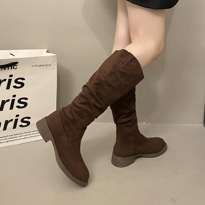 Pile Stiefel Vintage Wildleder Khaki Stiefel 2025 Damenstiefel Französische Herbst Skinny Stiefel Dicker Absatz Hohe Stiefel