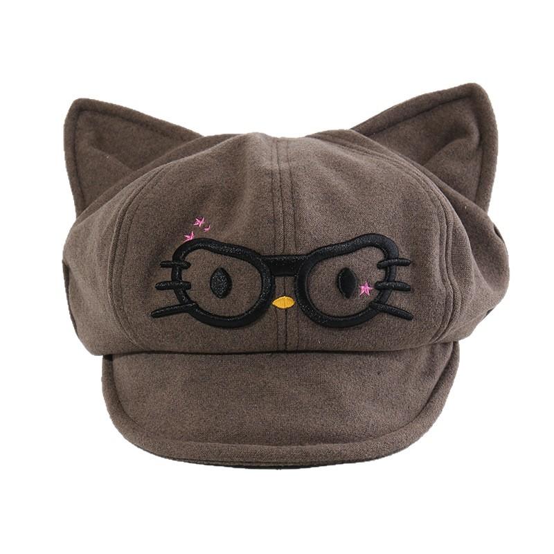 Autumn and Winter Retro Beret Women's Japanese Style Cute Cat Ears Octagonal Hat Big Head Circumference Showing Face Small Newsboy Hat Trendy