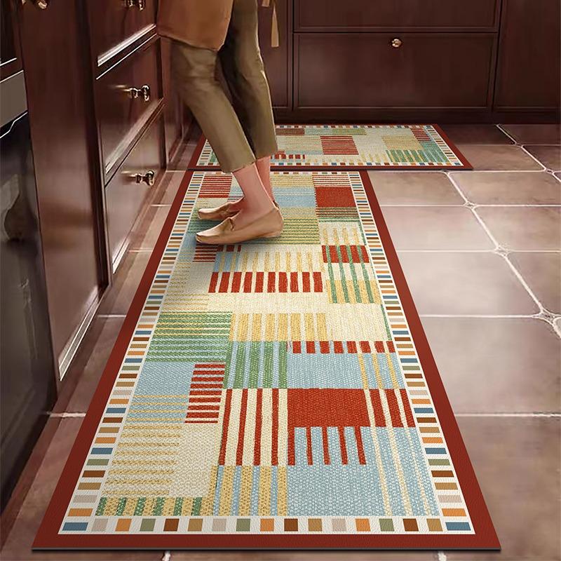PVC Kitchen Carpet Waterproof Leather Floor Mat Oil-proof Non-slip Long Foot Mats Color Stripes Ethnic Style Home Decoration Rug