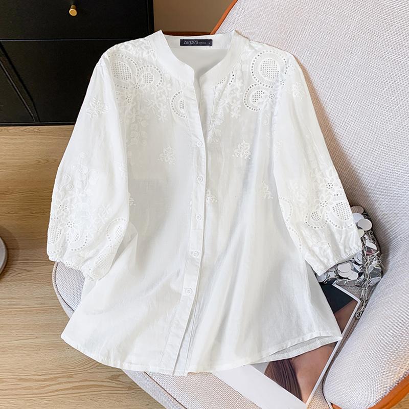 

ZANZEA Женские осенние свободные рубашки с воротником-стойкой и рукавом 3/4 с принтом S белый