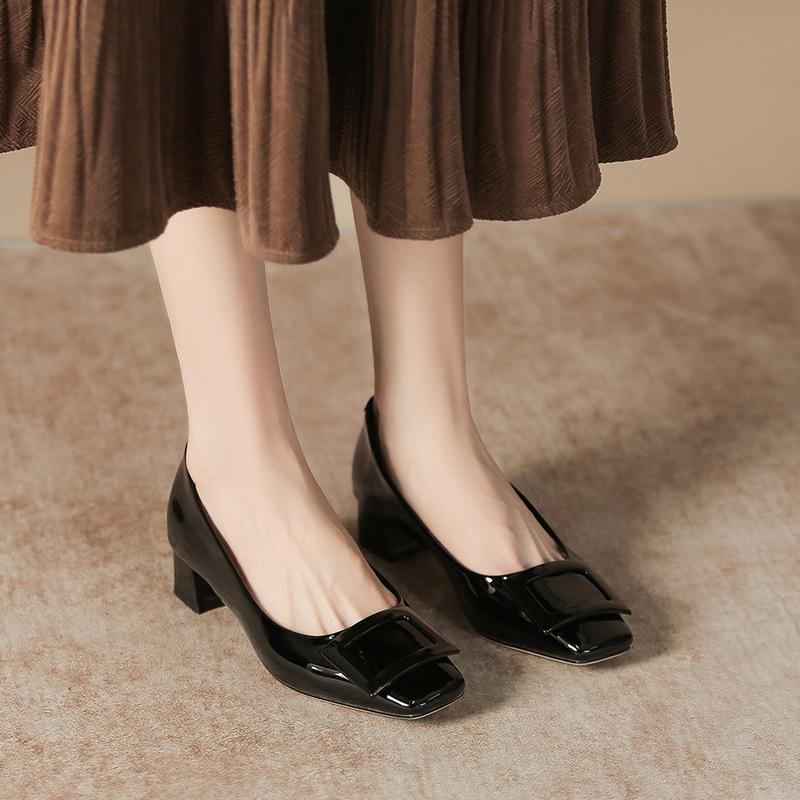 Women's Nude Patent Leather High Heels with Square Buckle