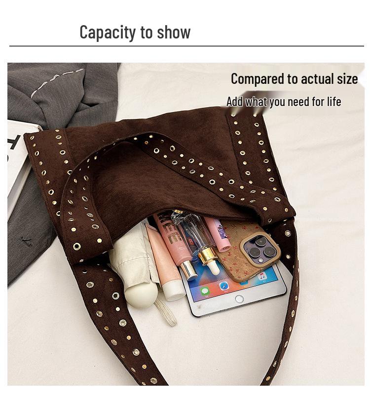 Women's Deerskin Tote with Metal Rivets - Spring/Summer 2025 Casual Shoulder Bag