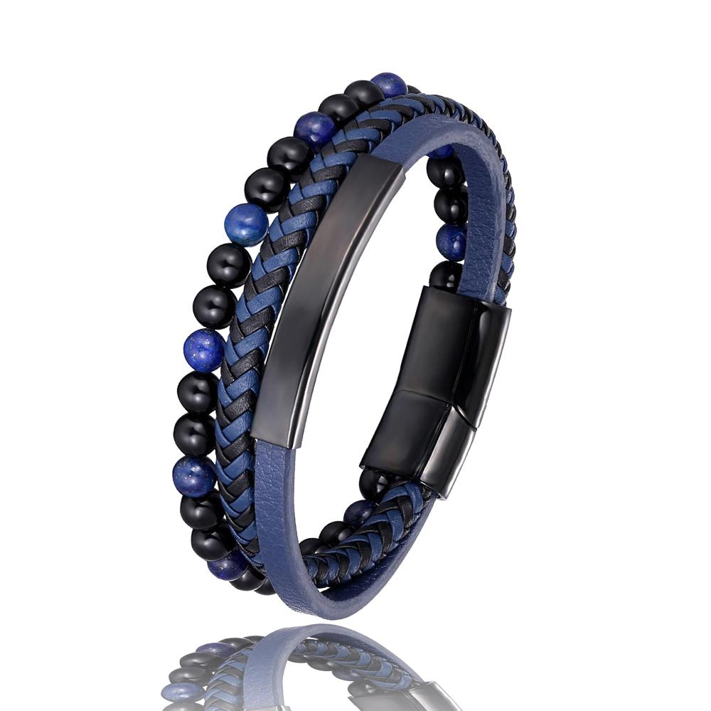 

2026 Blue Stone Bracelet Genuine Blue Leather Braided Bracelet Stainless Steel Magnetic Clasp Tiger Eye Bead Bangles Men Jewelry 22cm