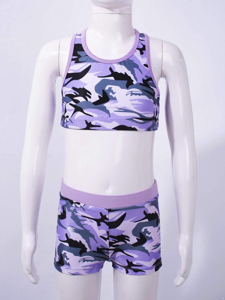 Kids Girls 2Pcs Tankini Swimsuits Printed Tank Top Vest and Shorts Swimwear Bathing Suits