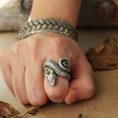 Handmade Rock Black Personality Silver Snake Ring Hip Hop Jewelry Man Opening Ring Retro Zinc Zinc Alloy Ring