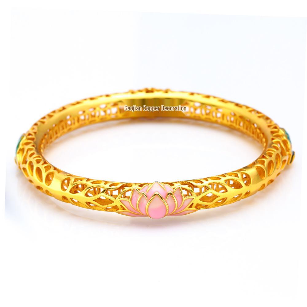 Vietnamese Sand Gold Enamel Lotus Bracelet – Brass, Gold-Plated, Hollow Design with Painted Lotus Leaf & Flower, Women's National Trend Style.