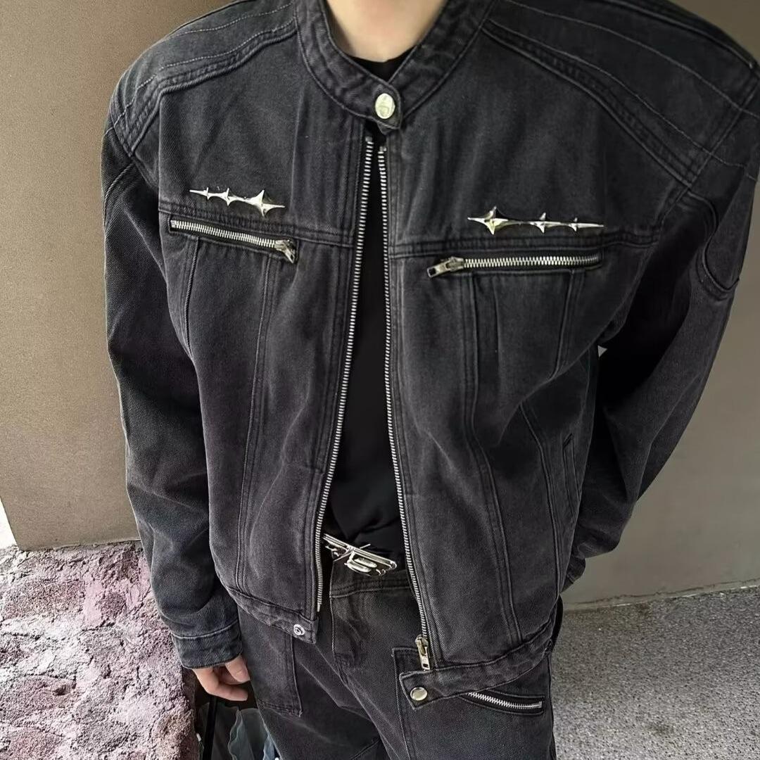 

Мужская осенняя короткая джинсовая куртка в стиле ретро в стиле пэчворк S чёрный