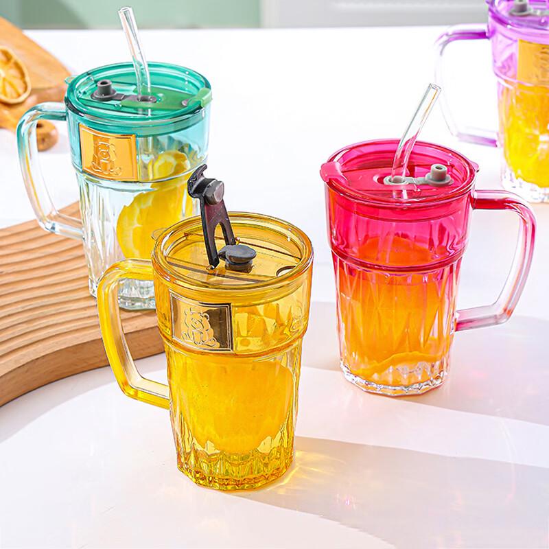Zhenqi Gradient Diamond Glass Cup with Handle & Straw