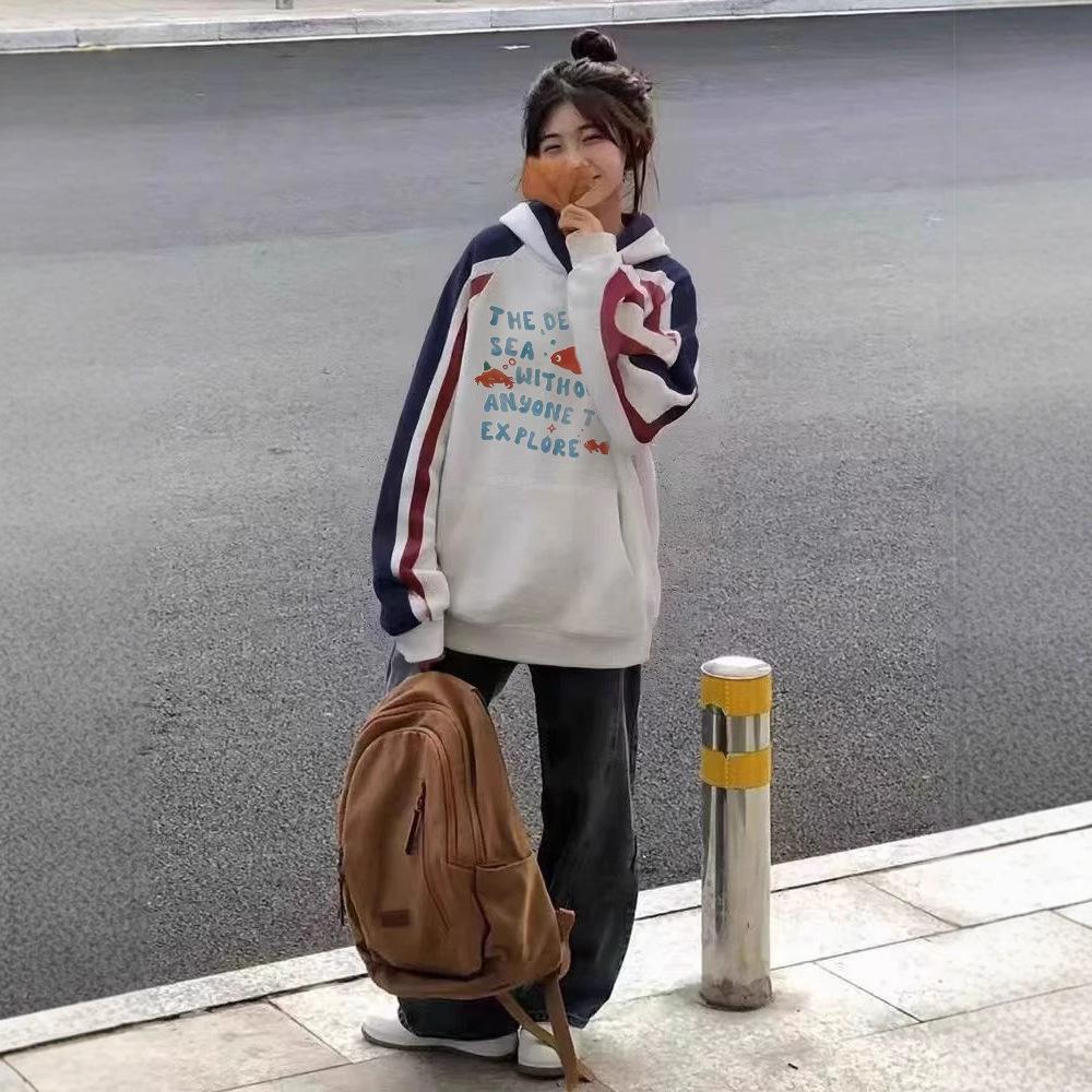 American Retro Contrasting Goldfish Hooded Sweater Men's and Women's New Autumn and Winter Loose Couple Tops