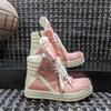 Rricowees Black & Pink Horsehair High-Top Shoes, Large Size, Thick-Soled, Lace-Up, Genuine Leather, European & American Style.