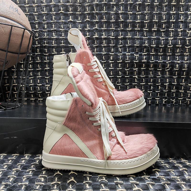 Rricowees Black & Pink Horsehair High-Top Shoes, Large Size, Thick-Soled, Lace-Up, Genuine Leather, European & American Style.