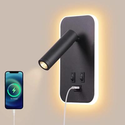 Applique da parete a LED per interni, soggiorno, camera da letto, comodino, luce decorativa con interruttore e porta USB, faretto da parete girevole