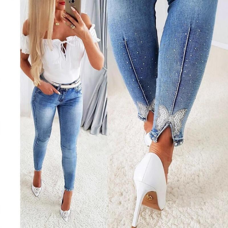 New thin high-waisted hot diamond bow jeans women's elastic slim-fitting pants