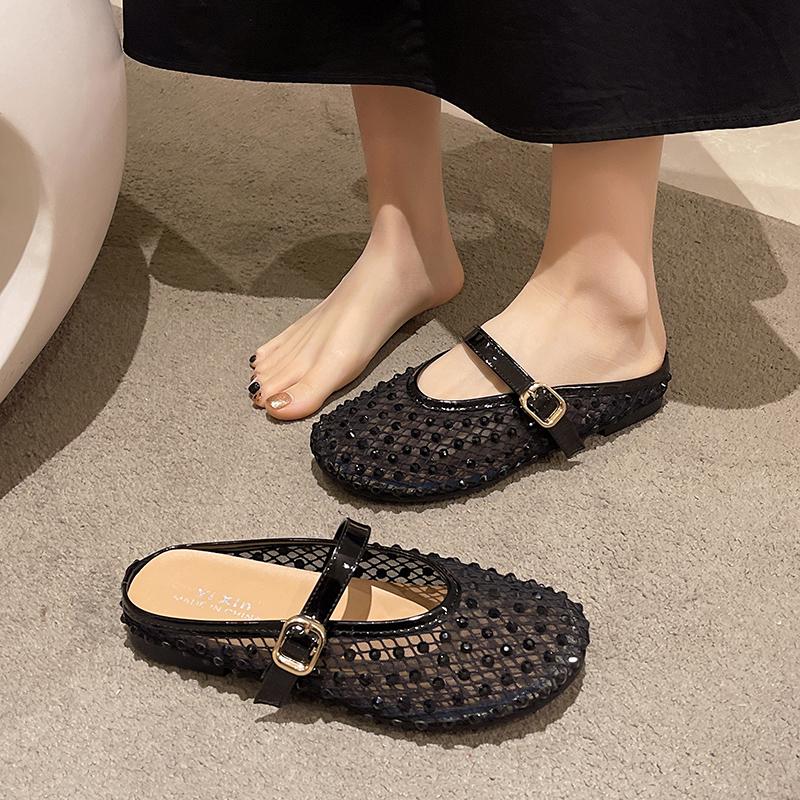 Fashion Women's Fashion Baotou Slippers Spring New Round Head Rhinestone Mesh Cloth Soft Sole Anti-slip Wear-resistant Slippers