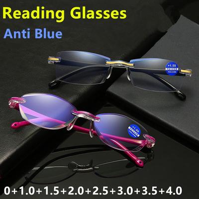 Neue High-End-Brille mit Diamantbesatz für Presbyopie, Weitsichtigkeit, Weitsichtigkeit, rahmenlose Anti-Blaulicht-Brille, Lesebrille