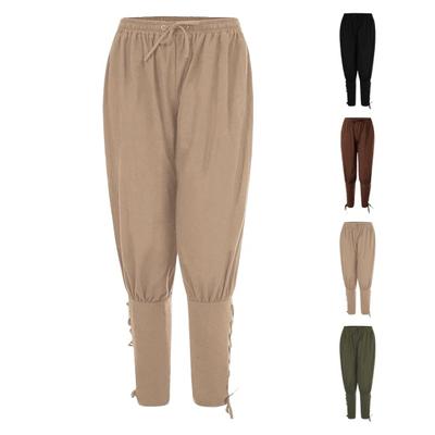 Men Pants Medieval Pirate Ankle-banded Lace-up Strap Elastic Waist Pleated Loose Solid Color Cropped Trousers Cosplay