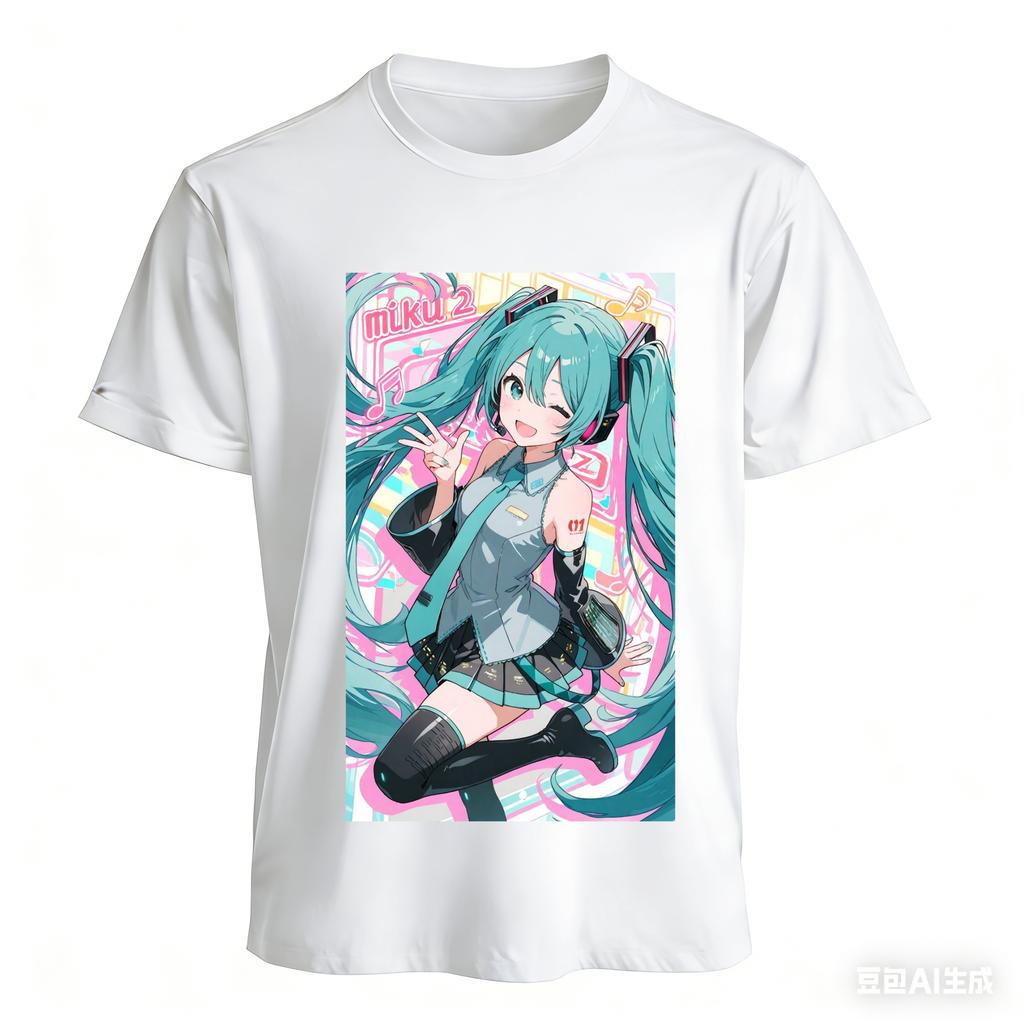 Summer New Animation Surrounding Pink Green Neon Hatsune Miku Sweet Cool Loose Breathable Cotton Tshirts For Unisex And Unisex