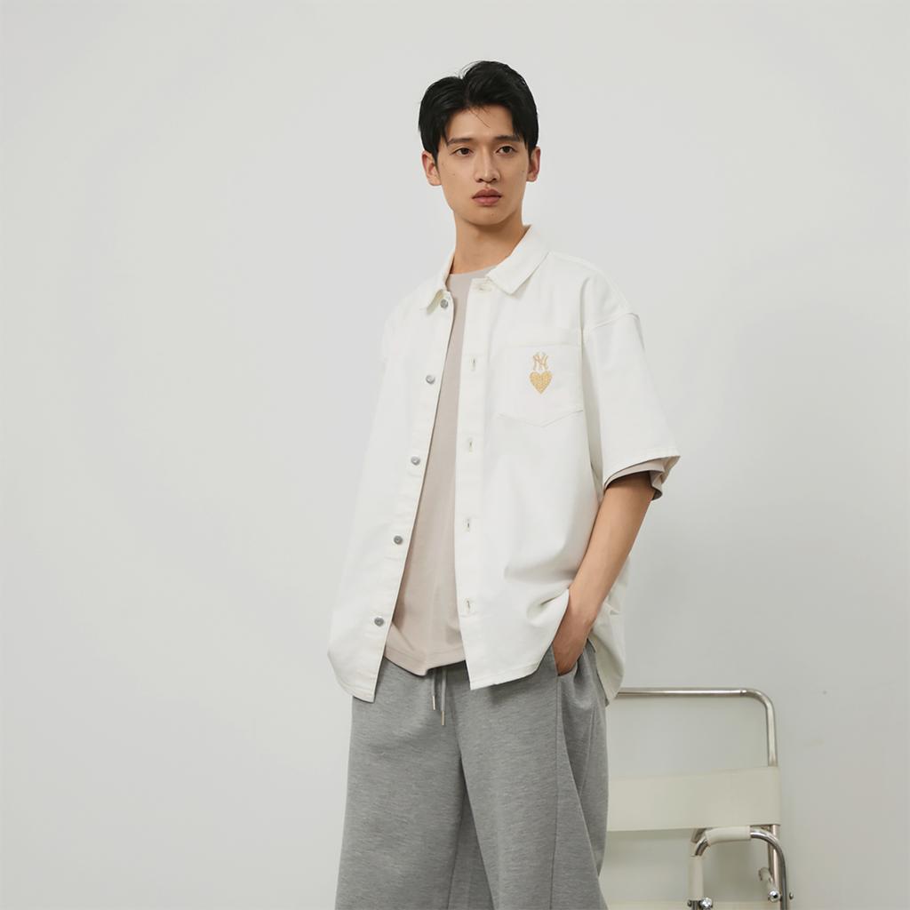 New MLB Base Logo Shirts Unisex Cream 3ADRH0143-50CRS