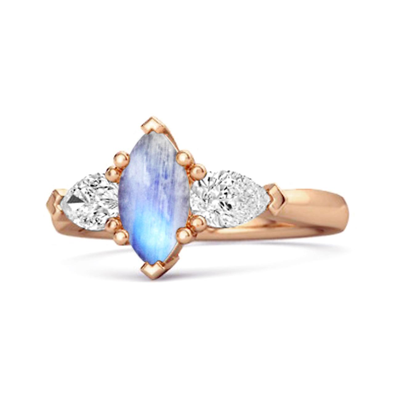 Moonstone Trio Stone Tapered Ring - 925 Sterling Silver Rose Gold Vermeil 11