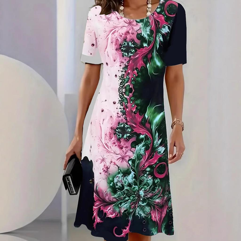 Amazon European and American Standard Size New Summer Printed Round Neck Pullover Lady A-line Short Sleeve Dress Popular In Europe