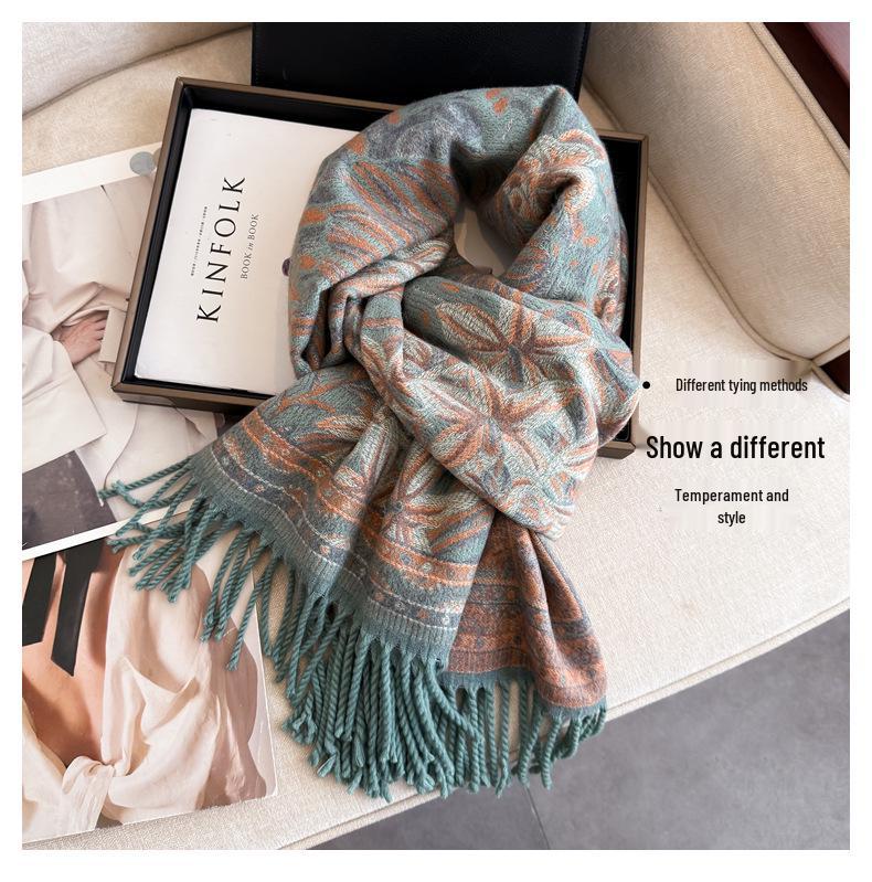 Women's Ethnic Style Double-Sided Jacquard Scarf, 2025 Autumn/Winter Collection: Thick, Warm, Soft Imitation Cashmere Long Snood Shawl.