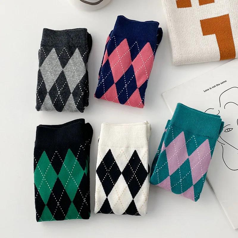 Long Socks Women Stockings Organic Cotton Diamond Warm Thigh High Ladies Girls Street Fashion Young Casual Knee Socks Harajuku