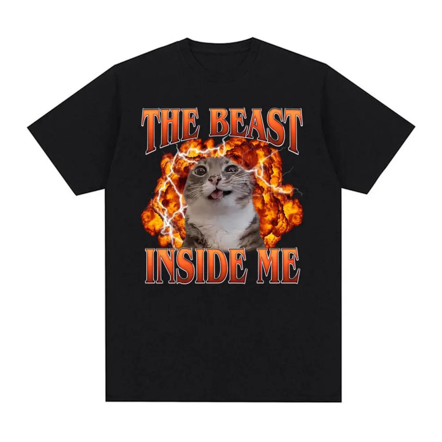 

Funny Cat Beast Inside Me Graphic T-shirt Men Women Fashion Hot Sale Oversized Classic Trend T-shirts O-Neck 100% Cotton T Shirt S чёрный