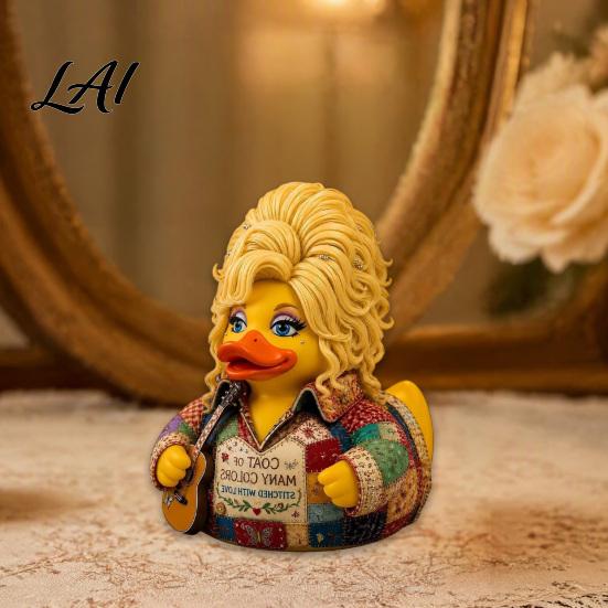 Creative Home Office Ornament Parton Memorial Duck Dolly Duck Figurine Country Music Statue Guitar-Themed Artistic Resin Animal Statue Decorative