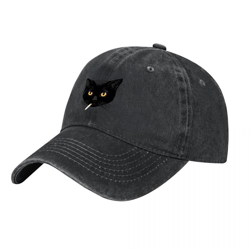 Black Cat Embroidered Washed Canvas Baseball Cap with Cool Feline Design for Casual Streetwear Style and Everyday Wear