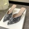 Sequins Fashion High Heels Women's Stilettos 2025 Spring and Summer New Bag Head Half Drag Women's Shoes Summer Wear Cool Slippers Women