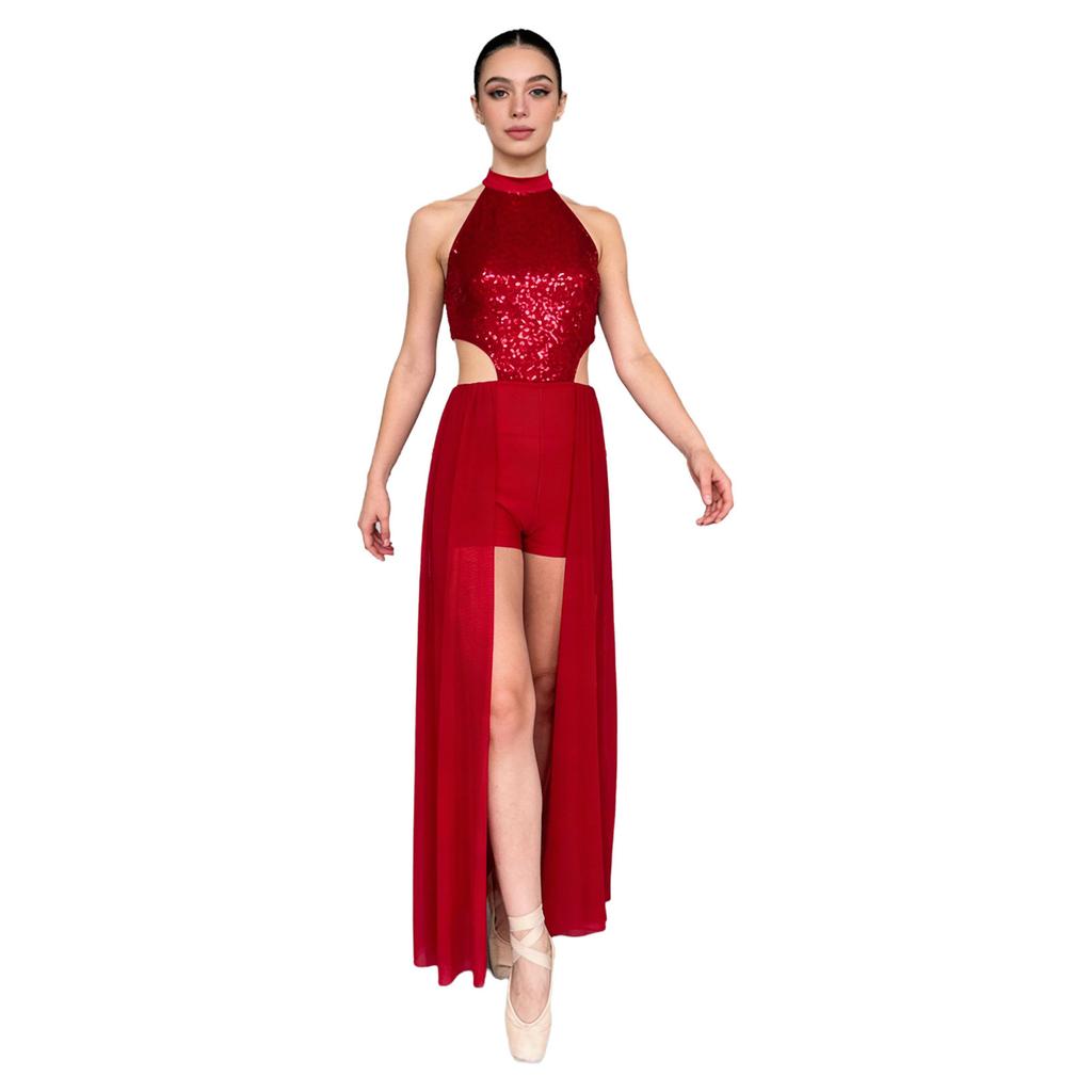 Damen rückenfreies Bodysuit-Kleid Pailletten-Oberteil Netzrock integrierter kurzer Unterteil Tanzkleidung