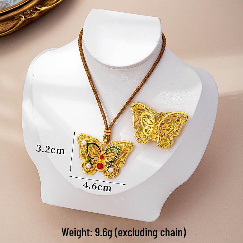 

Ethnic Cutout Butterfly Necklace with Inlaid Pearls and Drip Oil, Gold Vietnam Style, Long-Lasting Color Jewelry for Women