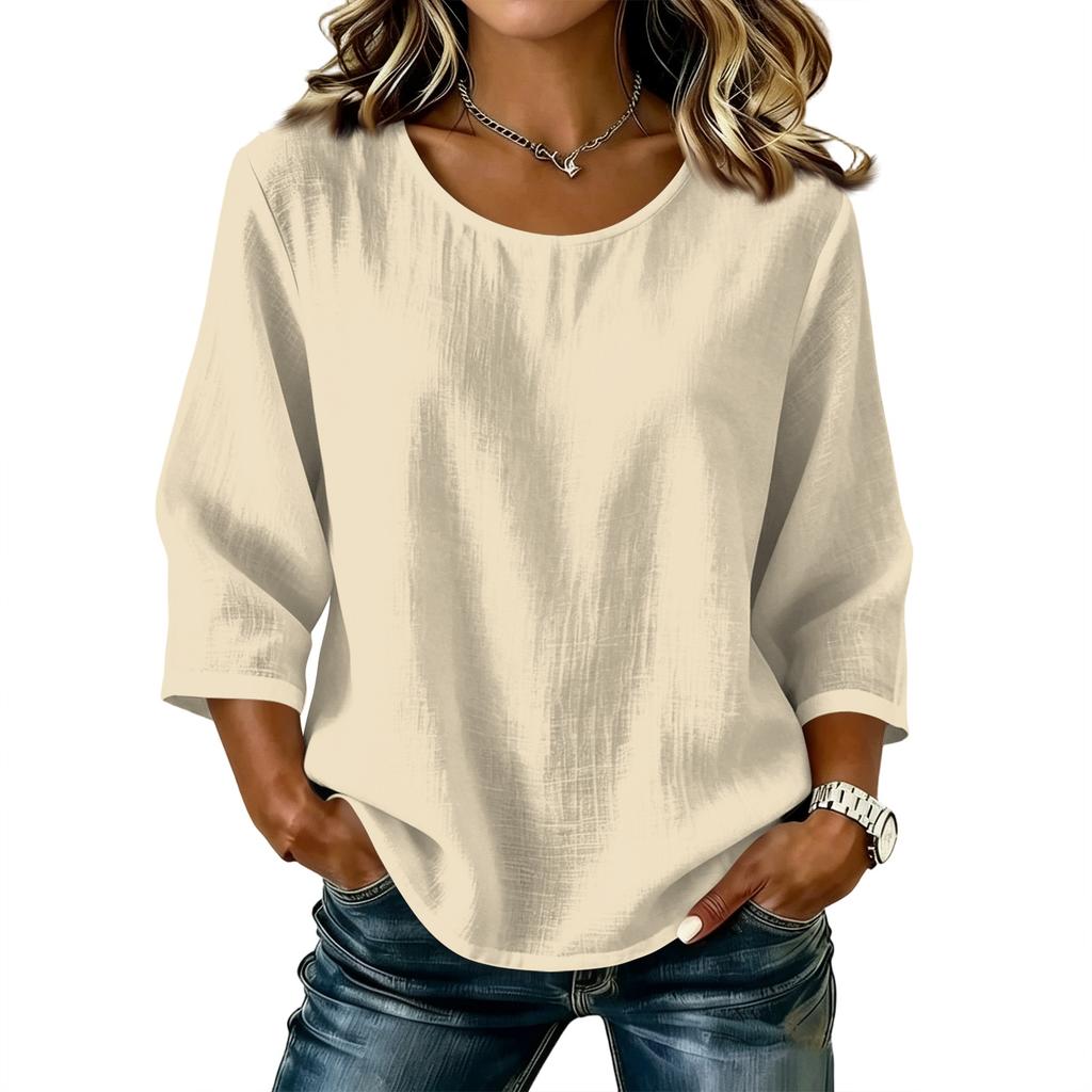 Blusa Top Casual para Mujer de Color Sólido, Cuello Redondo, Manga Tres Cuartos, Mezcla de Lino y Algodón, Corte Holgado, para Uso Diario