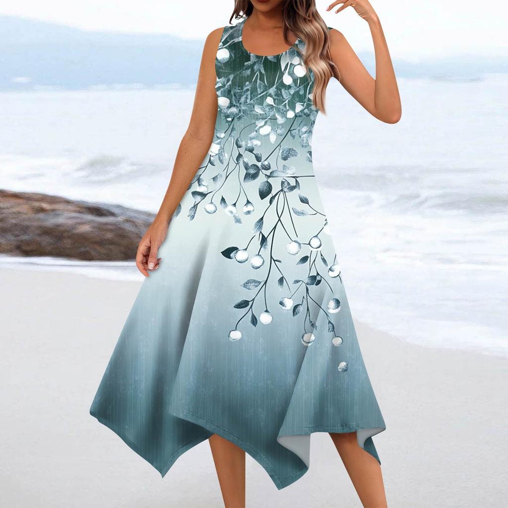 Women's Casual Fashion Round Neck Sleeveless Floral Print Irregular Hem Midi Dress