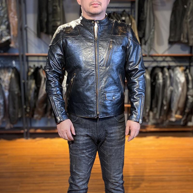 Chaqueta de moto de cuero caqui para hombre - Estilo Venom, cuello alto, piel de vaca