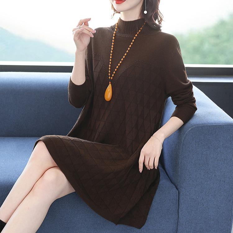 Half Turtleneck Knitted Dress for Women In Autumn and Winter Long-sleeved Mid-length Sweater Loose and Casual Pullover