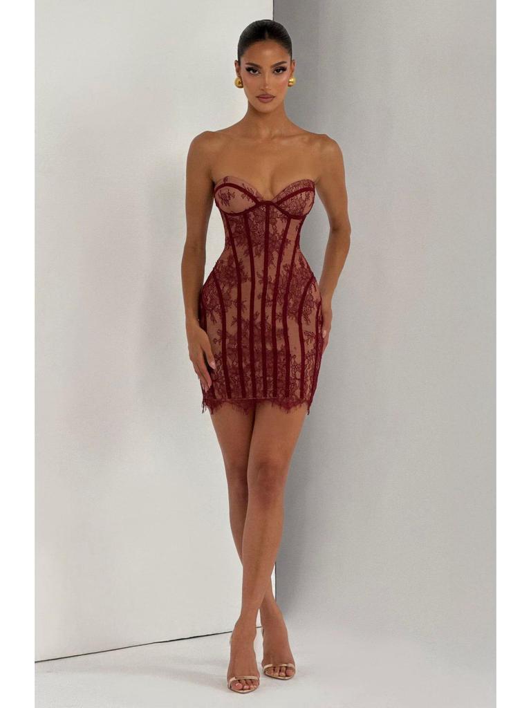2026 Spring/Summer Women's Lace Bandeau Striped High-Waisted Slimming Dress